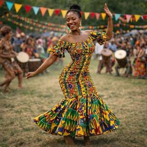 Vtg Smocked‎ Kente African Maxi Dress Free Size World Dance Cultural Festival